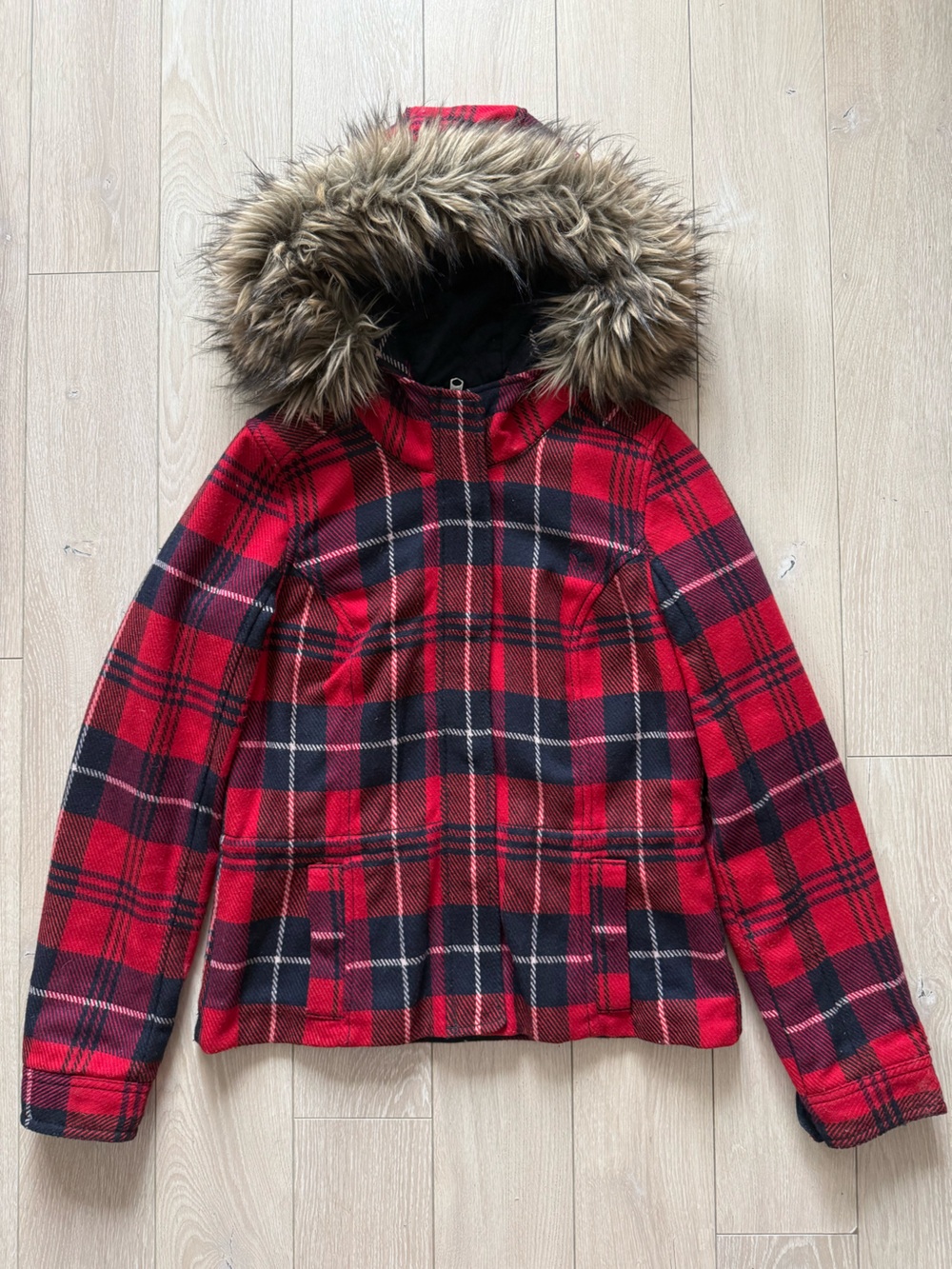 Y2K Abercrombie & Fitch Plaid Hooded Coat Faux Fur Red Navy Women’s Size Medium